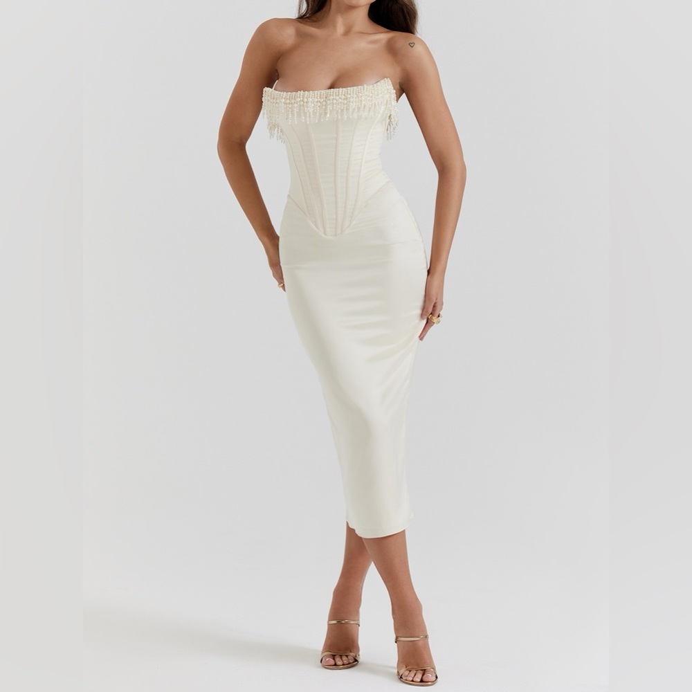 House Of CB Vintage Cream White Pearl Embellished Strapless Dress (Make: Nalita)